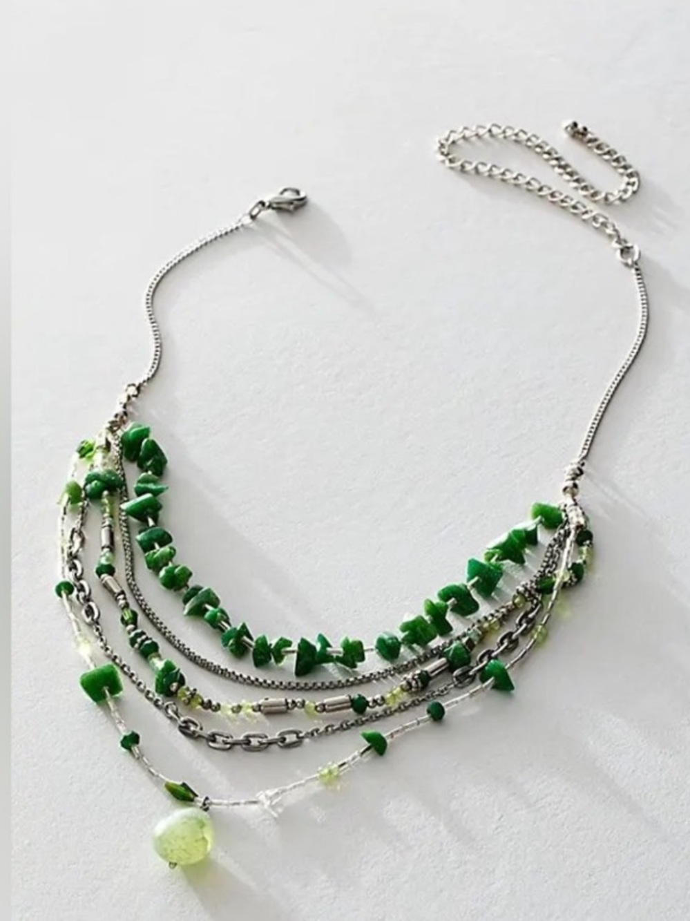 NWT Free People Aurelia Layered Necklace Jade Green Stone Boho Silver Choker